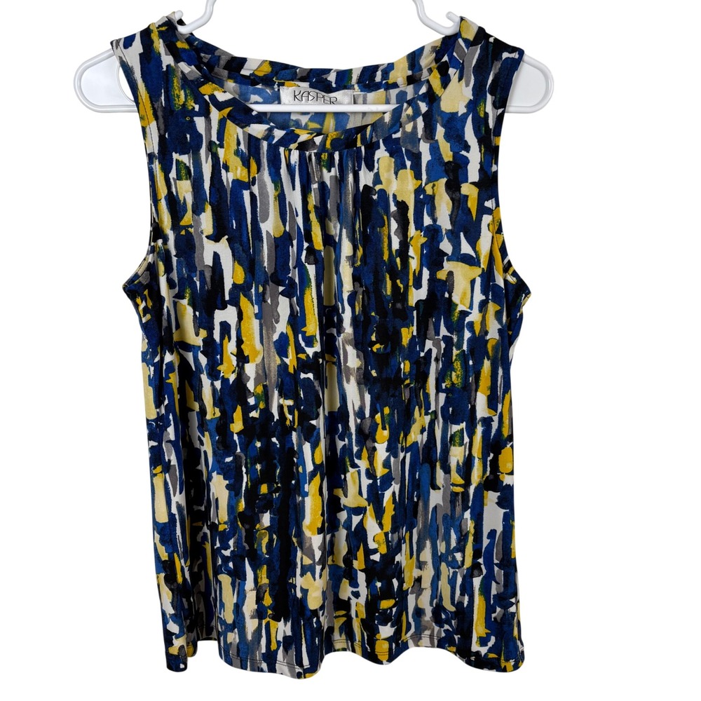 Kasper Sleeveless Top Size S Blue Yellow Abstract Brushstroke Stretchy Career